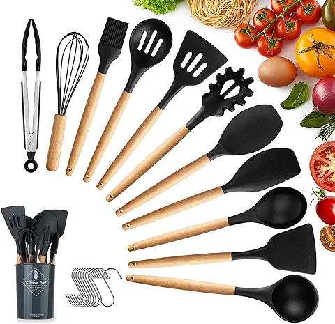 KagoLing Utensilios Cocina de Silicona, Juego de Utensilios de Cocina Resistentes al Calor y Antiadherentes con Mango de Madera 12 Piezas+10 S Ganchos para Utensilios (Negro)  