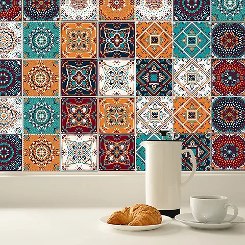 KAIRNE Pegatinas de Pared de Azulejos(24 Piezas),Pegatinas de Baldosas,Azulejos Adhesivos Cocina,Calcomanías de Pared de Cocina,Pegatina de Vinilo Mosaico Retro para Baño Cocina Sala de Estar,15x15cm  