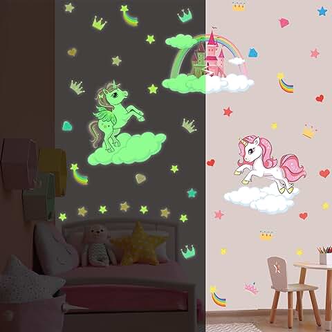 KAIRNE Unicornio Pegatina Pared Decorativas Dormitorio Infantiles,Pegatinas Luminosas Infantiles Niña,Pegatinas Pared Fluorescente,Estrella Vinilo Adhesivos Luminosos para Techo Habitación Bebé Decor  