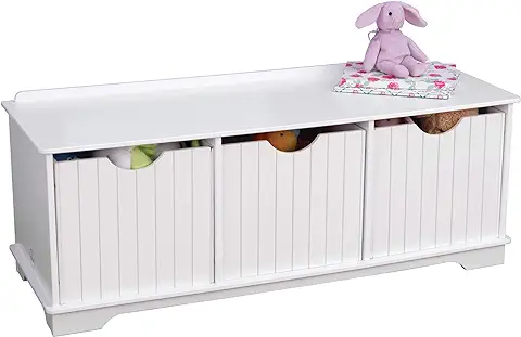 KidKraft Banco de Almacenamiento Infantil Nantucket Blanco de Madera con 3 Cajas de Almacenaje, Organizador de Juguetes con 3 Cestas, Muebles para Salas de Juego y Dormitorio de Niños (14564)  