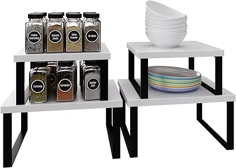 Kind Estantería de Almacenamiento, Conjunto con 4 Estantes (2 Grandes y 2 Pequeños), Organizador de Encimeras, Despensas, Armarios, de Acero, para Cocina, Estante Apilable (Negro y Blanco)  