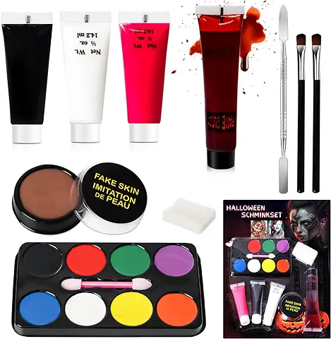 Kit Maquillaje Halloween, Pinturas Cara y Corporales, 8Colores+Cera para Cicatrices+Sangre Falsa+Pinceles para Pintar+Espátula+Esponja,para Maquillaje Teatral, Halloween, Carnaval, Fiesta  