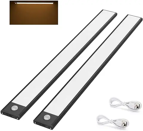 Klighten 2 Pcs Luz Armario 40cm con Sensor Movimiento, 73 LED, 170 LM, Luces LED Armario USB Recargable, Lámpara de Armario con Tira Magnética, Luz Nocturna para Gabinet Cocina, Blanco cálido, Negro