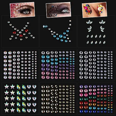 Konsait 9 Hojas Face Gems Stickers, Tatuajes Temporales Pegatinas, Pegatinas cara ojo Efecto Glitter, Fiestas, Espectáculos y Maquillaje  