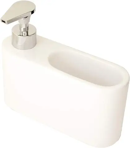 Kook Time Dispensador Jabón Cocina Blanco - Jabonera Cocina con Guarda Estropajos Fregadero - Apto para Cocina o como Dosificador Baño con Esponja - Cerámica Color Blanco - 18 x 6 x 15.8 cm.  