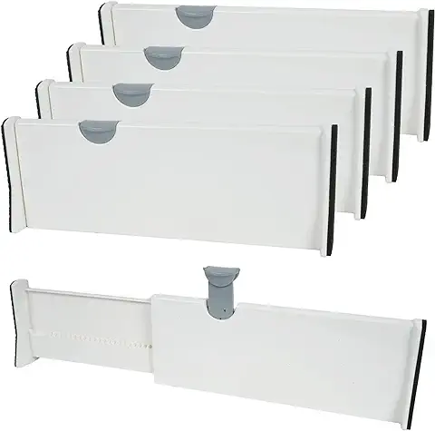 KOSHIFU 4 Piezas Separador Cajones Ajustable de Plástico 27,8-43,5 cm Organizadores, Almacenaje para Ropa de Malla Tocador Baño Cocina Armario Oficina  