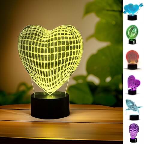 KRÄFTE Luz Nocturna: Led que Proyecta Imagen de Corazon en 3D Sobre Placa de Acrílico-Lampara de Mesita de Noche: 7 Colores, Táctil, USB -Lampara de Mesa: Decorativa, para Salón - Regalo San Valentín  