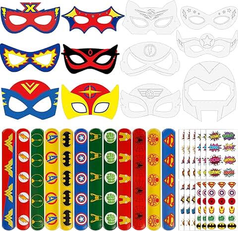 Landfor 36pz Gadgets de Superhéroes Set -12PZ Superhéroe Mascaras + Pulseras Infantiles de 12pz +12 Tatuajes de Súper Héroes para el Regalo de Regalo de Cumpleaños para Niños  