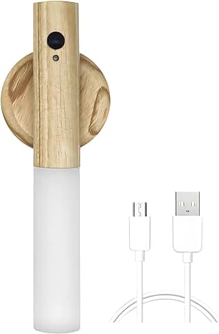 LANMOU Lámpara de Pared de Madera Recargable USB con Interruptor, Apliques de Pared Interior con Detector de Movimiento, Luces de Pared Inalámbricas, Magnética Lámpara de Cama para Dormitorio  