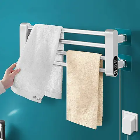 LANMOU Toallero Electrico Baño Blanco con Termostato Und Temporizador Toallero Pared Sin Taladro Bajo Consumo 36W Pantalla LED 90° Plegable Impermeable  