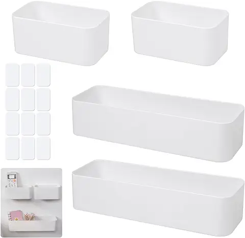 LANSKYLAN 4 PCS Cestas de Almacenamiento de Plástico Contenedor Sin Tapa Organizador de Cesto Caja de Almacenamiento de Despensa Organizador Ducha con 12 Adhesivo para Cocina Armario Baño (2 Tamaños)  