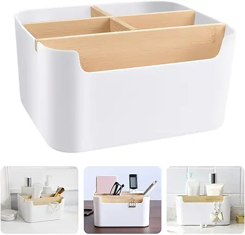 LANSKYLAN Organizador Escritorio Blanco, Multiusos Caja de Almacenamiento de Madera con Compartimentos Desmontables para Oficina Hogar (18.3*14.5*9.2cm)  