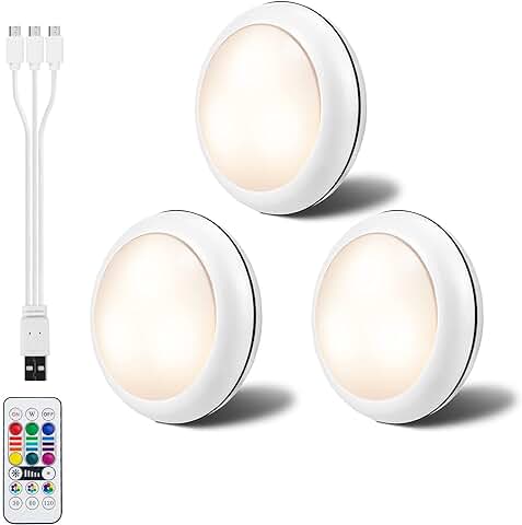 LEDGLE Luces para Armarios, Luz Nocturna LED con Recargable USB, Luz Inalambrica Interior 1000mAh 16 Colores, Luz para Armario Redonda con Control Remoto para Cocina, Gabinete, Dormitorio, Pasillo  