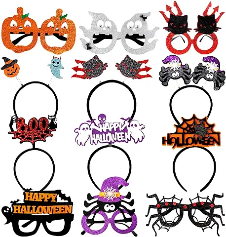 Leesgel Decoracion Halloween, 12 Paquete Diademas Halloween&Gafas para Disfraz Halloween Decoracion, Calabaza/Telarañas/Halloween Relleno Piñata Regalo Cumpleaños Niño Accesorios Halloween  