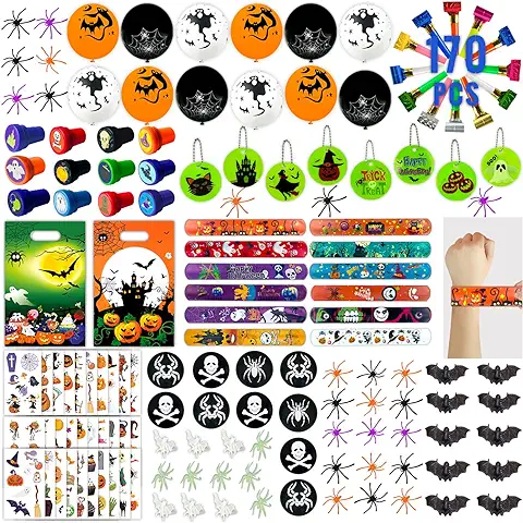 Leesgel Regalos para Fiesta de Halloween, 170 Unidades, Accesorios Decorativos para Fiestas de Halloween, Tatuajes para Niños, Llaveros, Brazaletes, Sellos, Anillos, Globos, Sopladores, Niños  