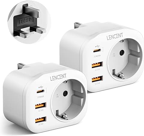 LENCENT 2X Adaptador Enchufe UK/Reino Unido, Adaptador Inglaterra Viaje con Carga Rápida QC3.0+PD20W, Europa España Portugal a Reino Unido para Escocia, Irlanda, Gales, Maldivas, Gran Bretaña, Tipo G  