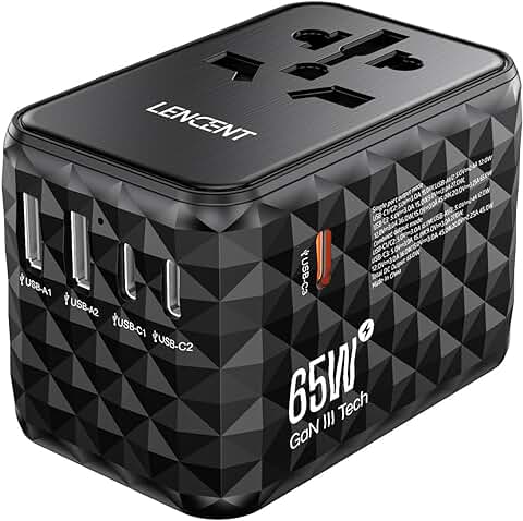 LENCENT Adaptador de Viaje Internacional 65W, Adaptador Universal con 2 USB-A y 3 USB-C, Adaptador Enchufe Carga Rápida para Phone, Teléfono, Ordenadores Portátiles, para EE.UU./UK/EU/AUS, Negro  