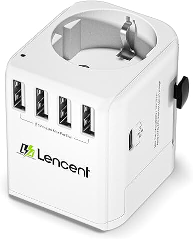 LENCENT Adaptador Enchufe de Viaje Universal, Cargador de Pared Internacional con 4 Puertos USB y 1 Tipo-C 30W Carga Rápida para EU/UK/EEUU/AUS Más de 200 Países para Móvil, Tabletas y más  