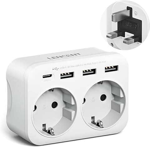 LENCENT Adaptador Enchufe UK/Reino Unido, Adaptador Inglaterra de Viaje con 3 Puertos USB y 1 Puerto USB-C, Europa Español 2-Pin a 3-Pin RU para Escocia, Irlanda, Gales, Maldivas, Gran Bretaña, Tipo G  