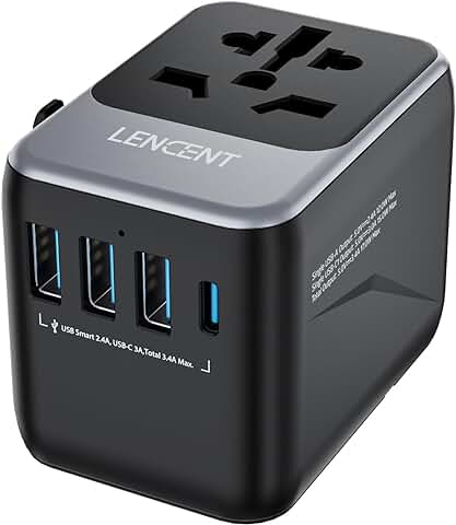 LENCENT Adaptador Viaje Universal, Cargador Internacional con 3 Puertos USB y 1 Tipo-C para Móvil, Portátil, Adaptador Enchufe Viaje para Más de 200 Países (USA, UK EU AUS),Tipo A/C/G/I, Gris  