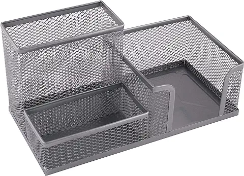 Leviatan - D.RECT Desk Organiser with Pen Holder and Memo Holder Metal Mesh 205 x 103 x 98 mm Silver  