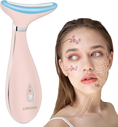 LiFECOKO Masajeador Facial para Rostro y Cuello, Antiarrugas Cuello con Calor Luz LED EMS Lifting, para Levantar la Piel y Reducir las Arrugas Cuidados de la Piel Medidor de Belleza - Rosa  