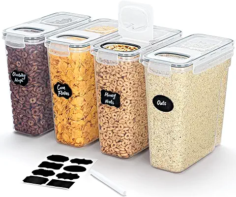 Lifewit 4 Botes de Cocina Alimentarios con Tapas Abatibles, 4L Cajas de Almacenaje de Plástico de con Etiquetas Adhesivas, Recipiente Hermético para Cereales, Arroz, Harina, Azúcar, Sin BPA  