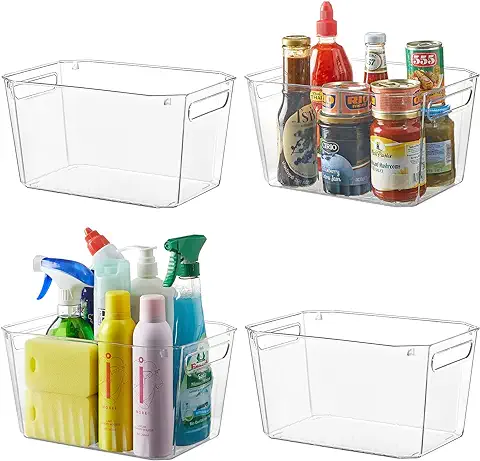 Lifewit Cubetas de Plástico para Organizar la Despensa, Frigorífico, Fregadero de la Cocina, Cestas Transparentes con Asas para Lavandería, Baño, Armario, Encimera, Transparente, Set de 4  