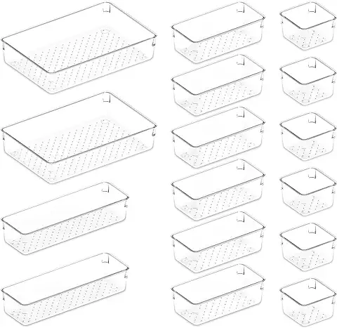 Lifewit Set de 16 Organizadores de Cajones de Plástico Transparente, Separadores de Cajones de Escritorio, Bandejas de Almacenaje, Cajas Separadoras para Maquillaje, Joyas, Dormitorio, Baño, Oficina  