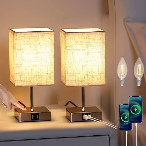 Lightess 2 Piezas Lámpara de Mesa Táctil Control Lámpara Mesita de Noche LED Regulable Beige Pantalla de Tela Lámpara Sobremesa 2 Puertos USB para Dormitorio, Habitación de Bebé, Incluye Bombillas  