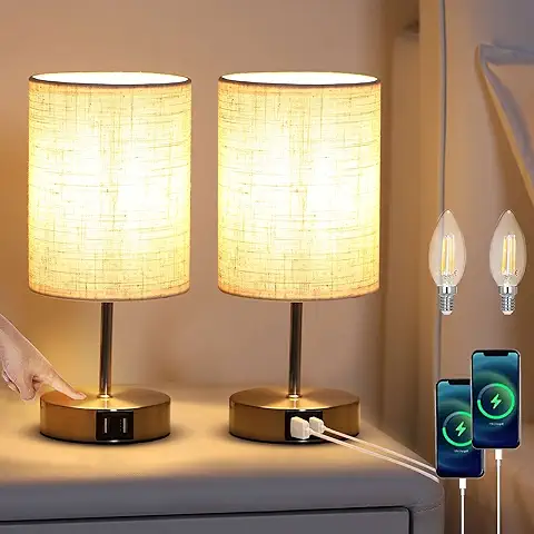 Lightess 2 Piezas Lámpara LED Regulable para Mesita de Noche, Control Táctil, Beige, Pantalla de Tela Lámpara Sobremesa 2 Puertos USB para Dormitorio, Habitación de Bebé, Incluye Bombillas, S3  