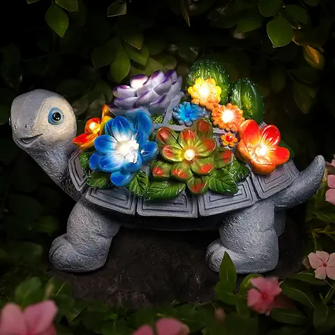 Linkax Figuras Solares de Jardín de Tortuga, Decoración de Jardín para Exteriores, Regalo San Valentín para Mujeres/mamá, con Suculentas y Luces LED  