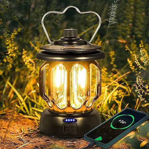 Linterna Camping Recargable Retro LED Regulable 5200 mAh Power Bank 3 Modos Vintage Lampara Camping para Emergencia Exteriores Senderismo Pesca  