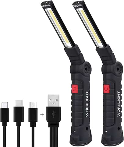 Linterna COB LED, Lampara de Taller Recargable USB, Luz Portatil Mecanica de Trabajo con Iman de Base Magnética, 360º, Gancho Colgante para Inspeccion de Coche Autos (2 Piezas, Grande)  