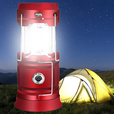 Linterna LED Portátil Camping, Linterna Solar Recargable por USB, Ultrabrillante, Funciona con Pilas, Ligera, para Acampar al aire Libre, Senderismo, Desván, Cobertizo, Apagones de Energía（rojo）  