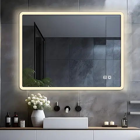 LISA Espejo de Baño LED con luz 80 x 60 cm Espejo de Baño Grande 800 x 600 mm Iluminación con Táctil, Espejo de Pared para Regulable, Blanco Cálido/Blanco Frío, luz Antiniebla  