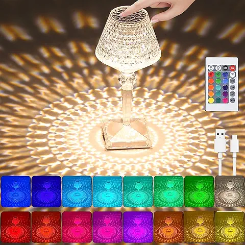 Lámpara de Mesa de Cristal,Lámpara de mesa LED de Diamantes con 16 Colores RGB,4 Modos Luz Recargable con Control Remoto,Touching Crystal Lamp,Romántica luz Nocturna LED,Luz Ambiental Recargable  