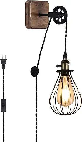 Lámpara de Pared Jaula de Lectura E27 Industrial con Cable, Luz de Noche Colgante Rústica Negra Aplique Pared Interior ConBase Madera, Lamparas Colgante Decor para Dormitorio Infantil Cabecera Salon  