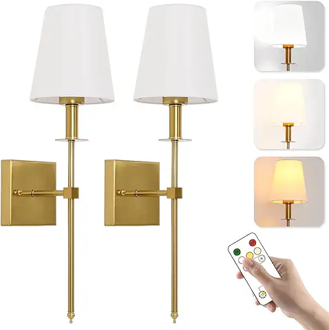 Lámpara de Pared LED, Apliques Pared Interior con Batería, USB Recargable Lampara Pared Sin Cables con Mando a Distancia, Pantalla de tela Blanca, para Dormitorio Salón Pasillo Escalera, 2 Piezas Oro  