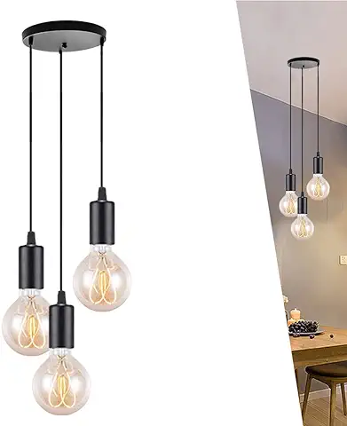 Lámpara de Techo Colgante, Color Negro, 3 Focos, Moderna, con Casquillo E27, de Metal, para Cocina, Comedor, Salón, Restaurante, Dormitorio, Pasillo  