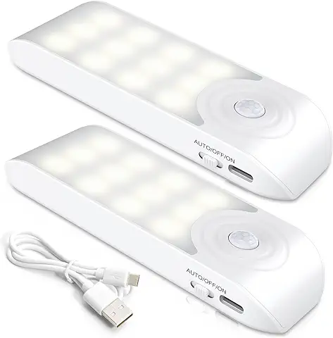 Lámpara Nocturna Recargable con Sensor Movimiento (2 PCs con 24 LED), Luces con 3 Modos, Luz Cálida para Armario, Gabinete, Pasillo, Escalera, Sótano, Cocina, Garaje  