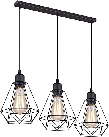 Lámparas Colgante Vintage 3 Luces, IDEGU Lámparas de Techo Industrial Metal Iluminación de Techo E27 en Estilo Jaula Geométrica, Negro, 20cm (3 Luces Barra)  