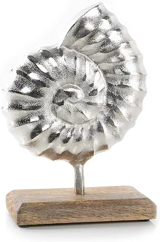 Logbuch-Verlag Figura Decorativa Amonita Grande 24 cm de Metal Plateado con Base de Madera - Amonita Fosil - Amonita Decoración Marina  