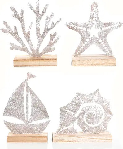 Logbuch-Verlag Set de Decoración Marítima de Madera y Metal – Coral + Barco de vela + Estrella de mar + Concha – Playa Vacaciones Baño Decoración  