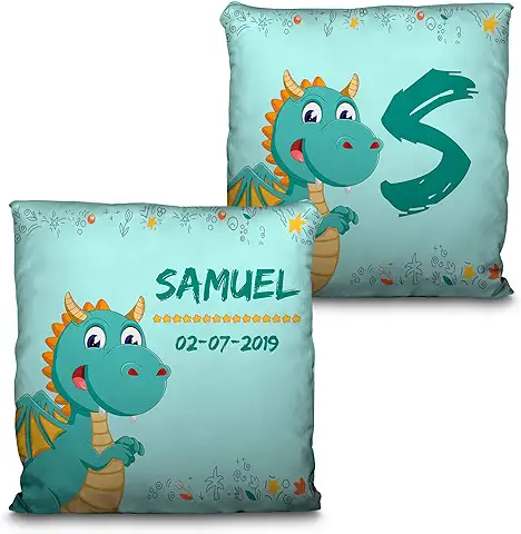 LolaPix Cojín Personalizado Niño y Niña. Regalo Bebé. Regalo Personalizado con Nombre. Fecha/Inicial. Cojín con Relleno Incluido. Varios Diseños. Bebé Dragón  