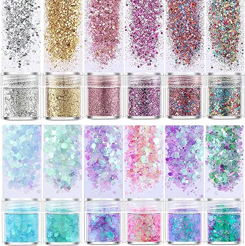 Lumeiy Holográfico Chunky Glitter 12 Colores para el Cuerpo Cara Cabello Ojos Fiesta Belleza Maquillaje,Nail Art,Decorativo,Pintura  