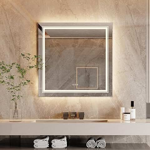 LUVODI Espejo Bano Led Cuadrado: 80x80 Espejos Baño Pared Antivaho Retroiluminado 80x80cm con Doble Fuente de Luz Led Interruptor Tactil Inteligente sin Marco para Maquillaje Cuardo de Baño Lavavo  