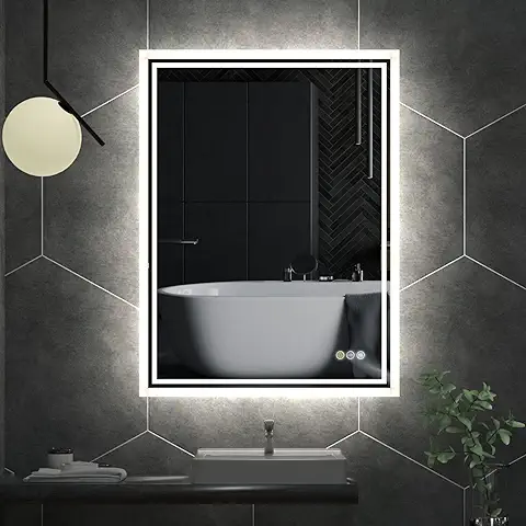 LUVODI Espejo Baño Led 50x70: Espejos Pared Antivaho Moderno Bathroom Mirror Rectangular con Interruptor Tactil Inteligente y 3 Colores de Luz Retroiluminado Regulable para Hotel Salón Tocador Lavavo  