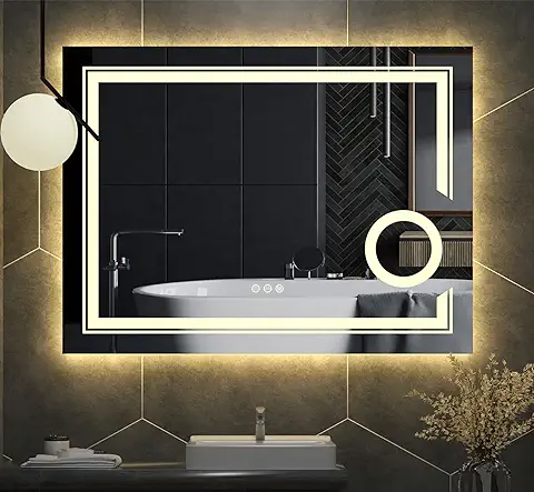 LUVODI Espejo de Baño Pared con Iluminación LED Espejo de Baño Moderno con Interruptor Táctil y 3X Aumento Función Anti-Niebla Adecuado para Baño Tocador Dormitorio 60x80cm  