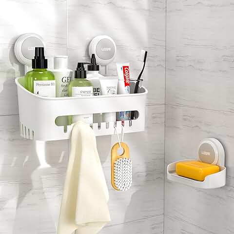 Luxear Estantería Ducha con Ventosa + Jabonera Ventosa, Juego de Estantes Organizador de Baño Extraíbles Sin Taladro, Cesta de Ducha y Caja de Jabón para Champú Acondicionador Jabón Baño Cocina,Blanco  